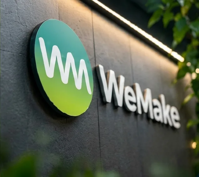 Letrero corporativo de WeMake con iluminación