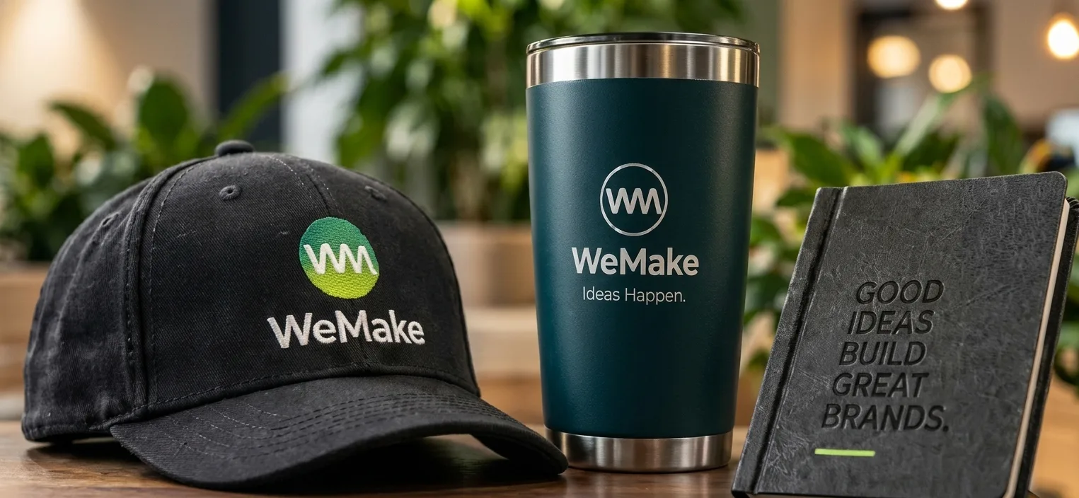 Gorra bordada, termo grabado y libreta personalizados con la marca WeMake