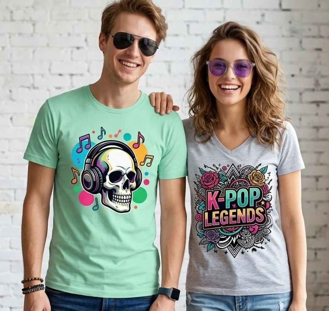 Dos personas con playeras estampadas en DTF con diseños a todo color