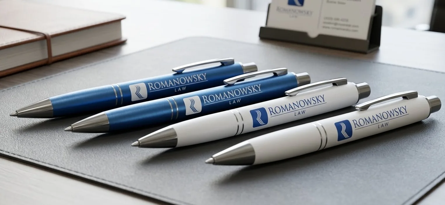 Plumas metálicas personalizadas con logotipo sobre un escritorio