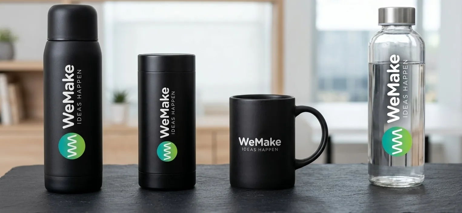 Termos, taza y botella personalizados con el logotipo de WeMake