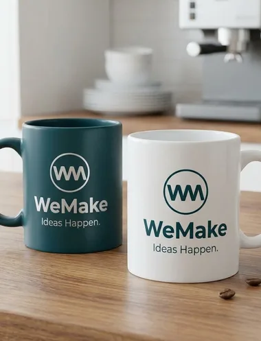 Tazas verde y blanca con el logotipo de WeMake