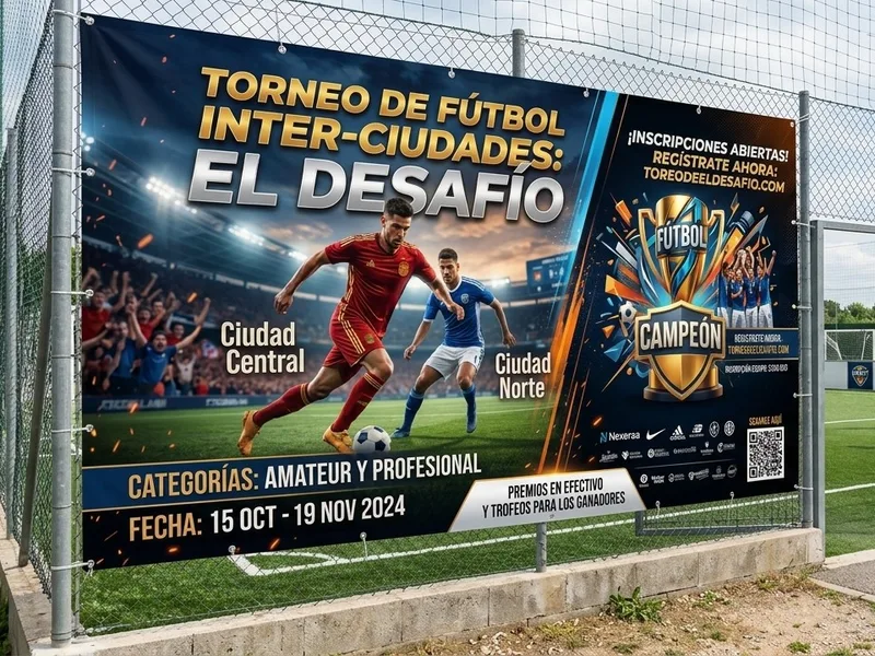 Lona impresa para torneo de fútbol colgada en una malla