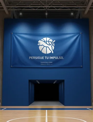 Lona con ojillos colgada en un gimnasio de básquetbol