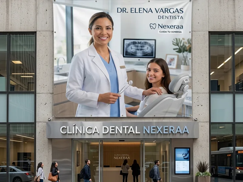 Lona de gran formato en la fachada de una clínica