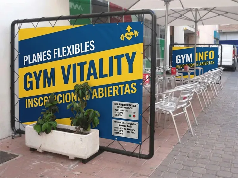 Lona con ojillos tensada en un bastidor frente a un gimnasio