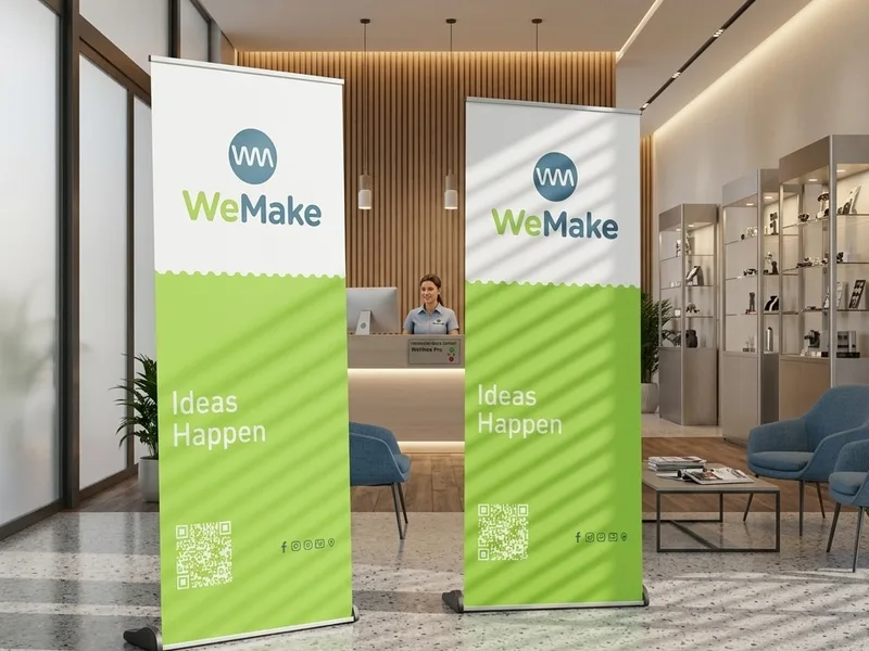 Pendones WeMake en la recepción de una oficina