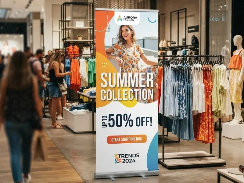 Banner promocional en una tienda de ropa