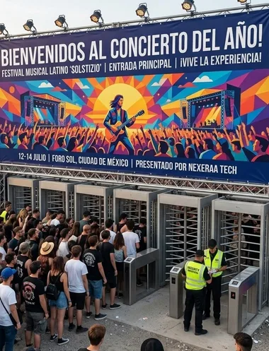 Lona de bienvenida en la entrada de un festival de música