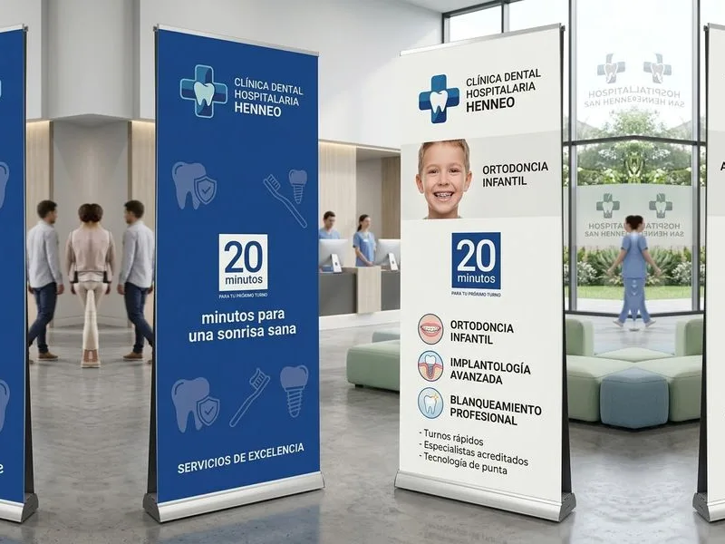 Roll-ups impresos en la recepción de una clínica dental
