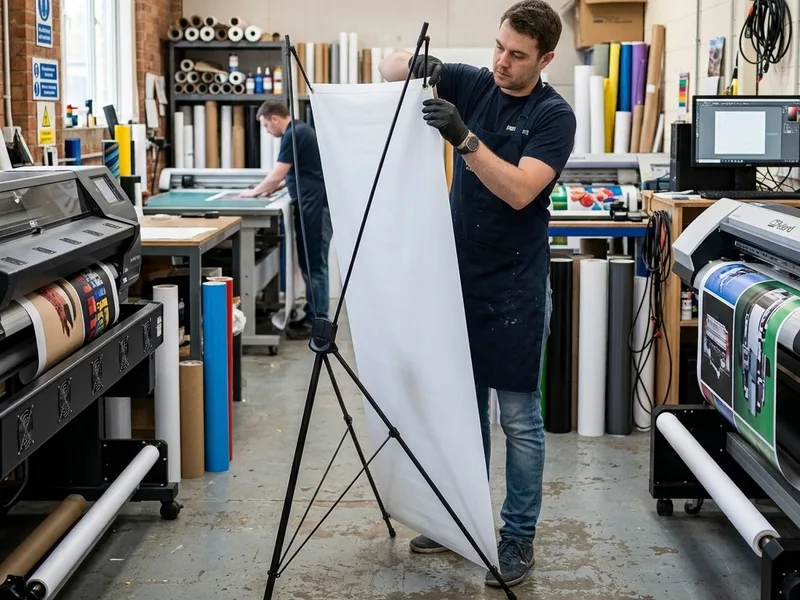 Operator mounting a new graphic on an X-banner stand