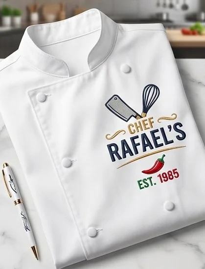 Filipina de chef blanca con logotipo bordado y en DTF