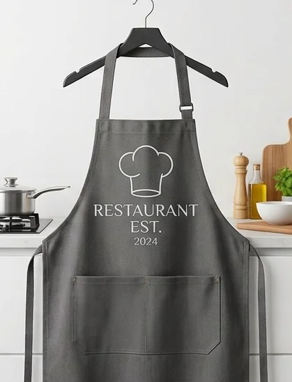Mandil de peto gris con logotipo de restaurante