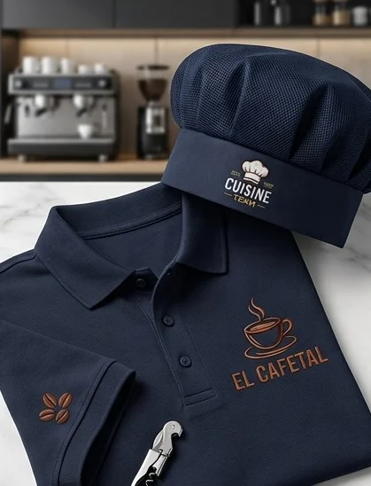 Camisa polo azul marino y gorro de servicio con logotipos bordados