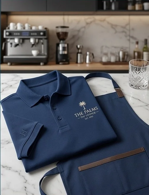 Polo y mandil azul marino con logotipo bordado para el bar del hotel