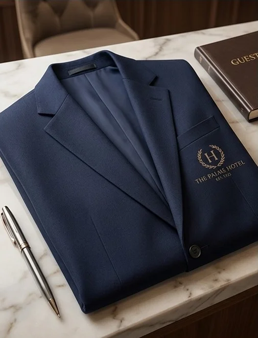 Saco azul marino con el logotipo del hotel bordado en el bolsillo