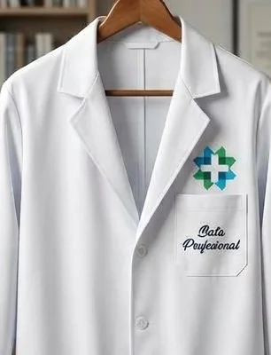 Bata médica blanca con logotipo y nombre bordados en el bolsillo