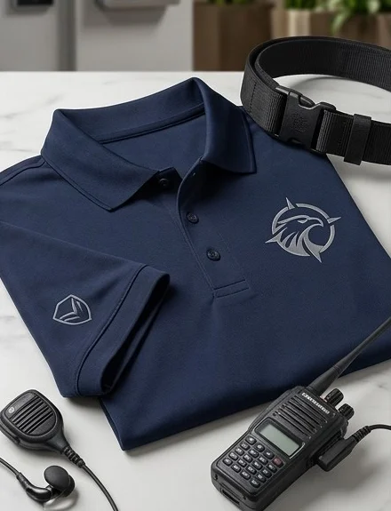 Polo azul marino con logotipo bordado junto a un radio y un cinturón táctico